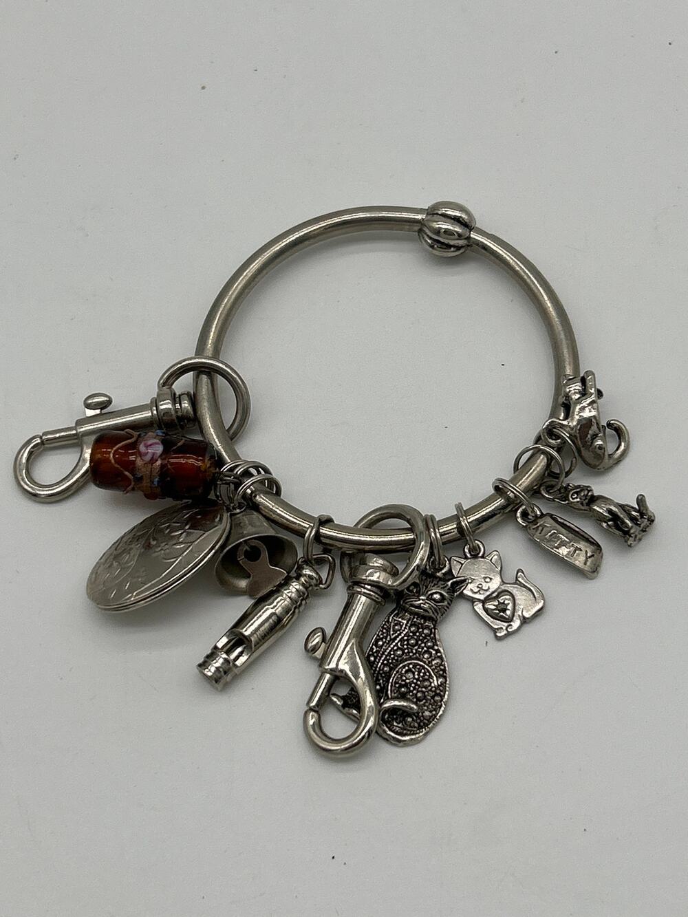 Green Rhino Key Charm Bracelet Silver Tone Cat Whistle Vintage Style Whimsical
